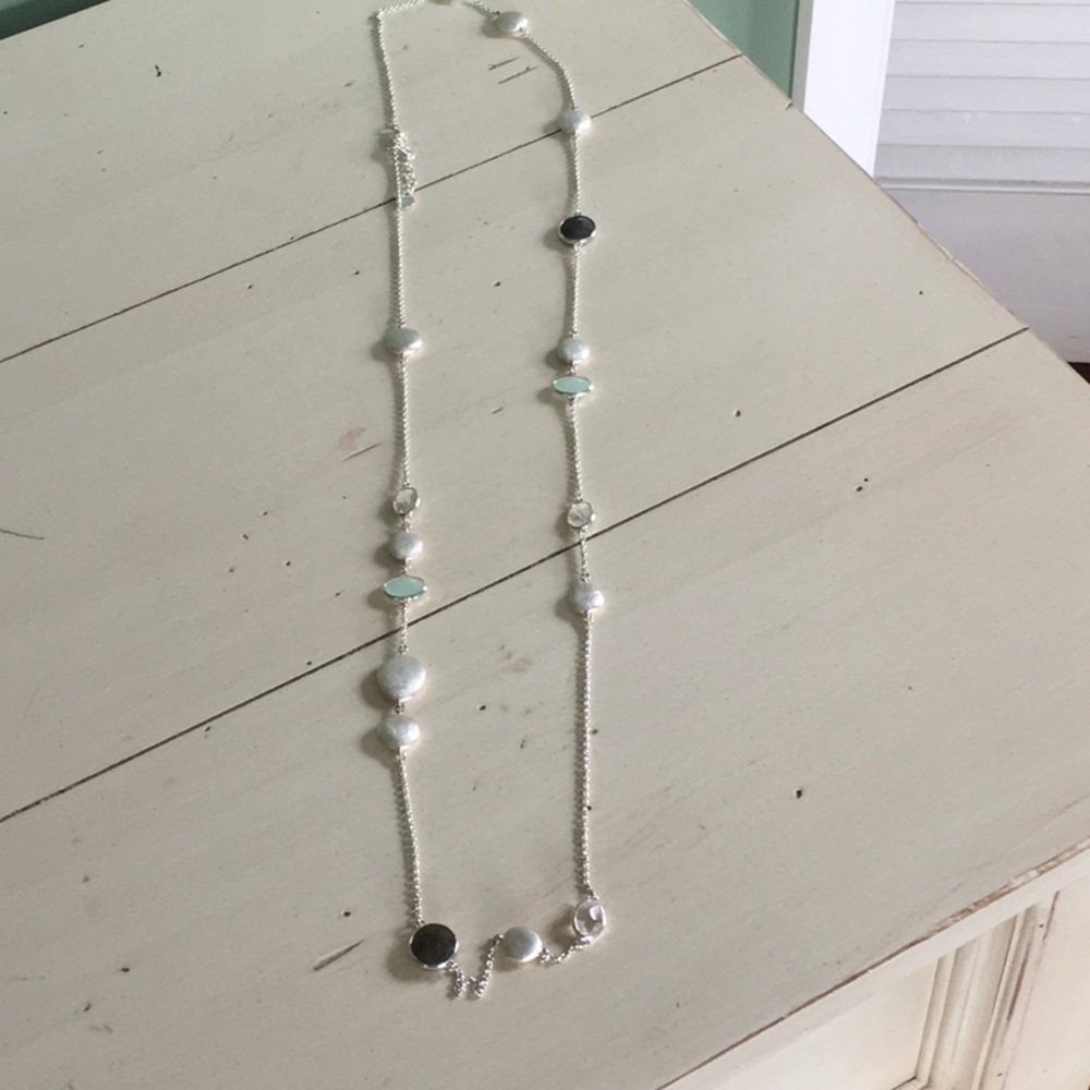 Long silver with grey and aqua blue stones